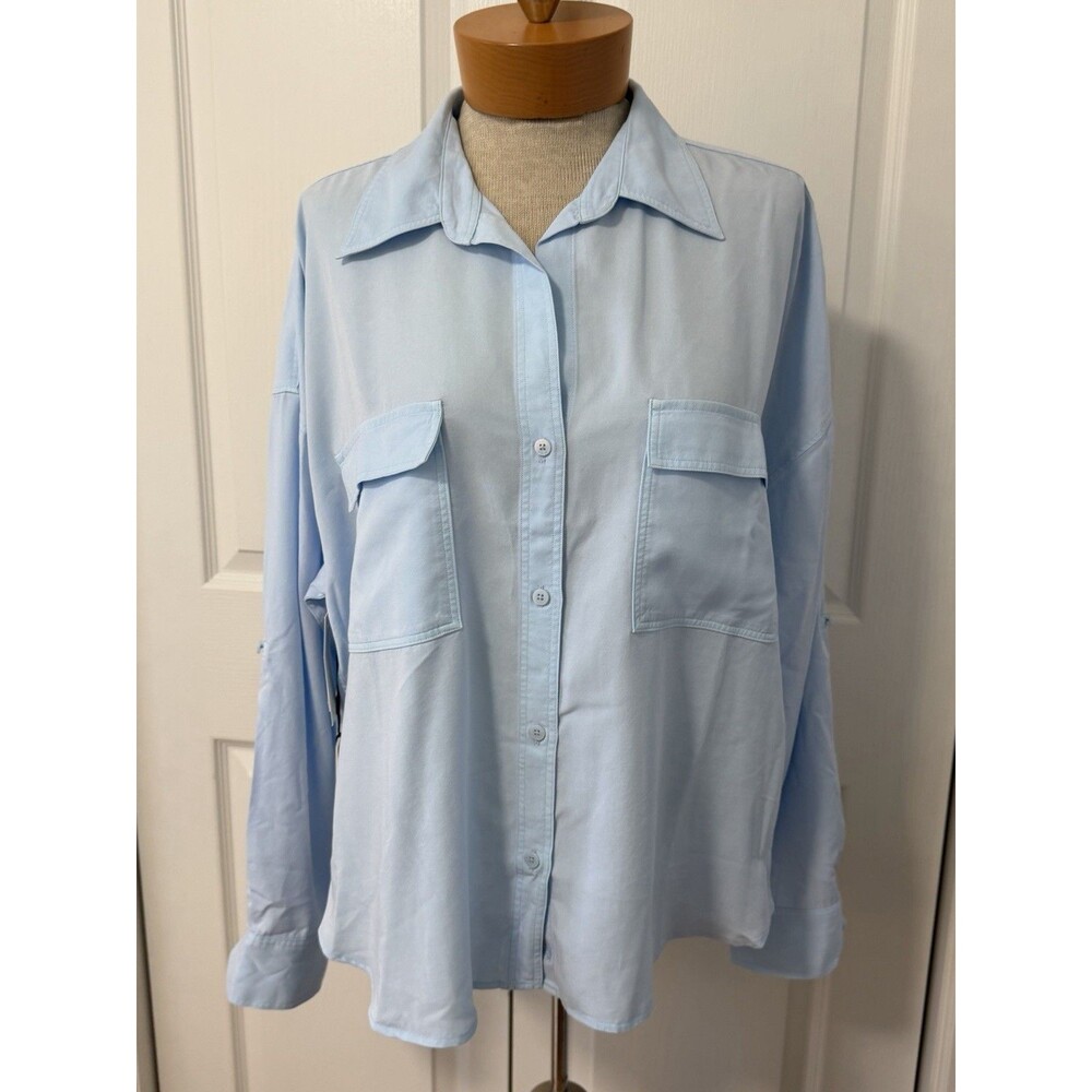 NEW Babaton Sz S Aritzia Blue 100% Tencel Button Up-Roll Up Sleeve Shirt Blouse